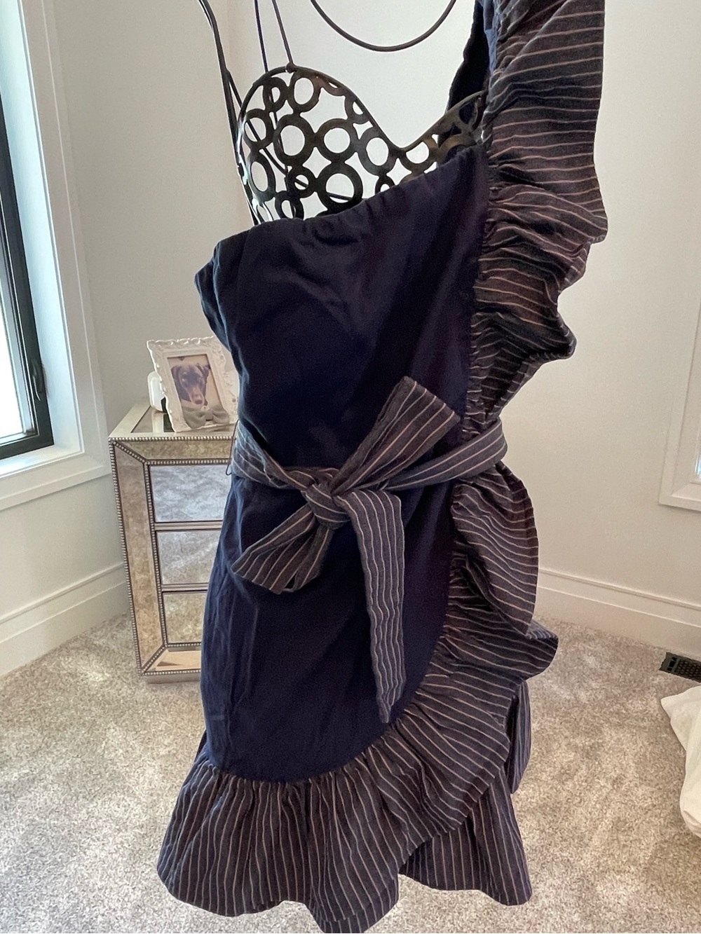 VENUS NEW Navy Blue One-Shoulder Ruffle Dress with Striped Accent